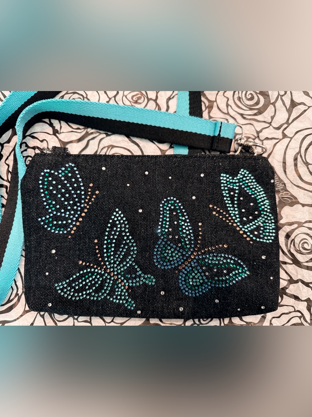 Brighton Dark Blue Denim Crossbody Bag with Rhinestone Butterfly AccentS - NWT